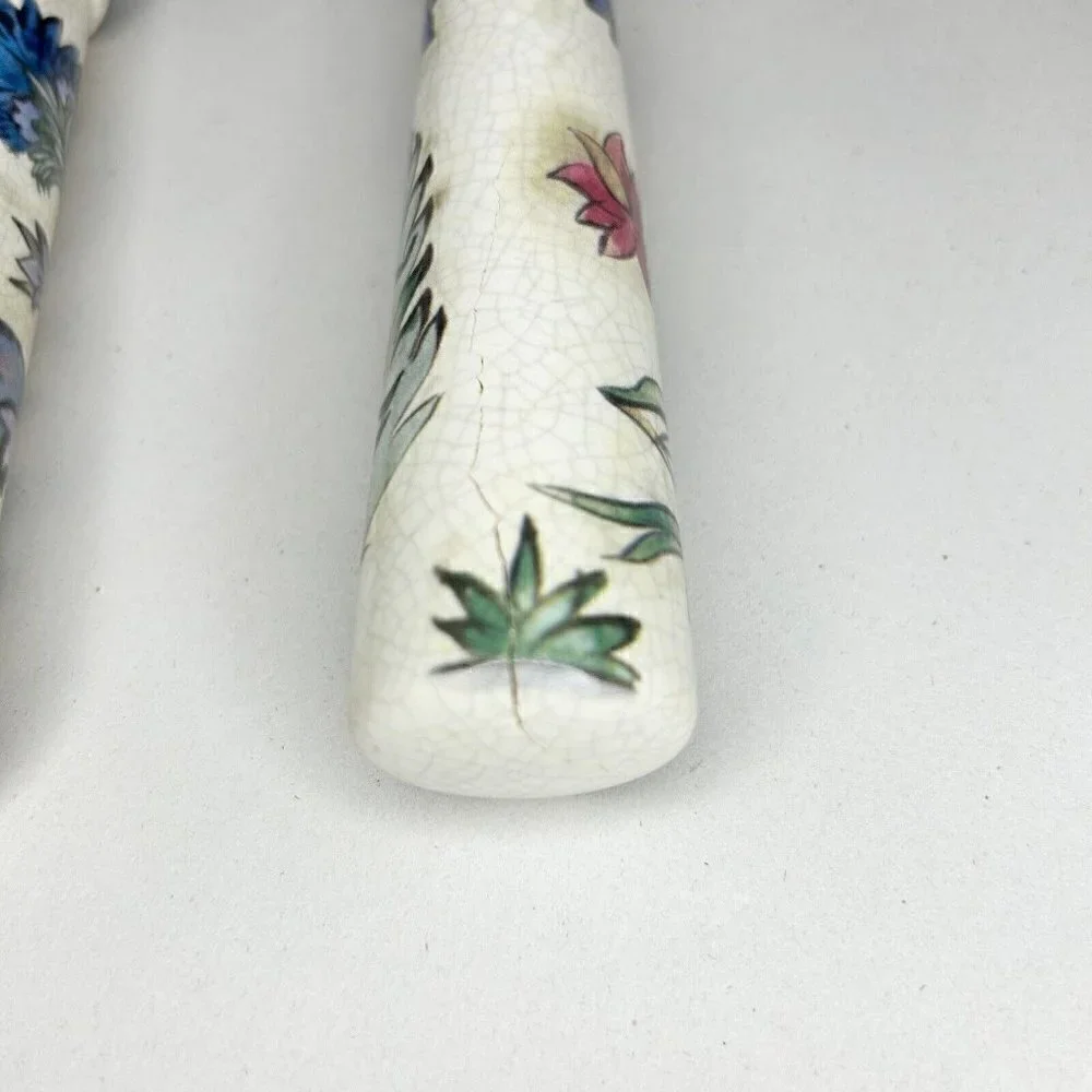 Wooden Salad Serving Fork Spoon Set w/ Porcelain Floral/Bird Handles 13